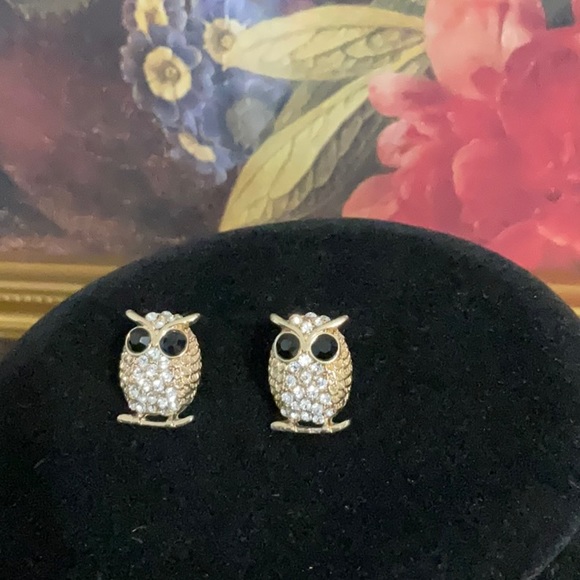 HP!! 🎉💃 Owl rhinestone and onyx earrings. Vintage. Small more like studs. - Picture 3 of 5